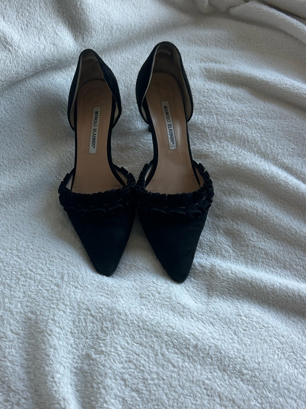 Manolo Blahnik Black Pointed-Toe D'Orsay Heels with Braided Trim